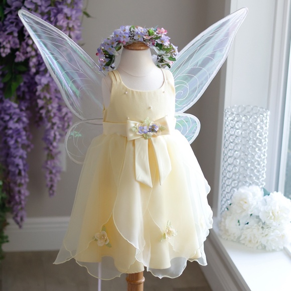 New Yellow Fairy Pixie OR Special Occasion dress w/ Wings Floral Halo size 2T